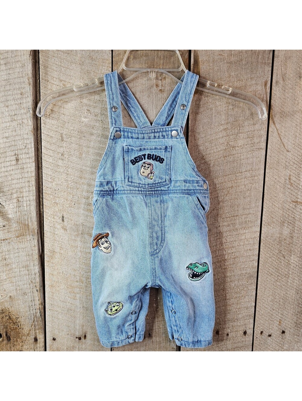 Disney Baby Toy Story Denim Overalls Romper One-Piece "Best Buds" Light Blue